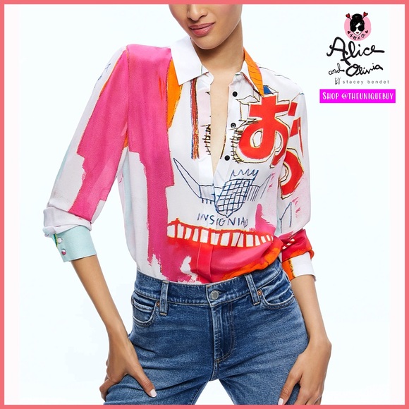Alice + Olivia Willa Basquiat Pink Red Multi Placket Top - Picture 12 of 13